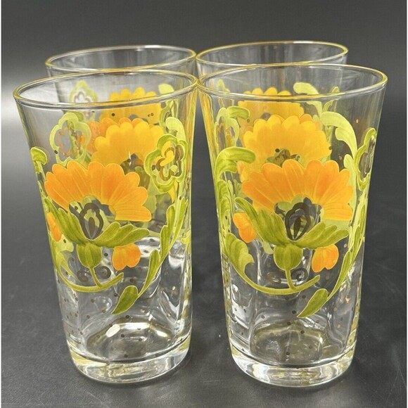 Vintage Hand-Painted Floral Juice Glasses made in Japan Orange Green Gold Dots - Picture 4 of 11